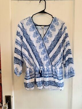 Maurices Blue & White Printed Wrap Tunic